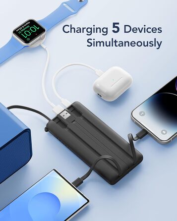 Power Bank VRURC 10000mAh з 4 кабелями, портативний акумулятор USB-C для iPhone/Huawei/Samsung, LED-дисплей, 5 виходів, чорний