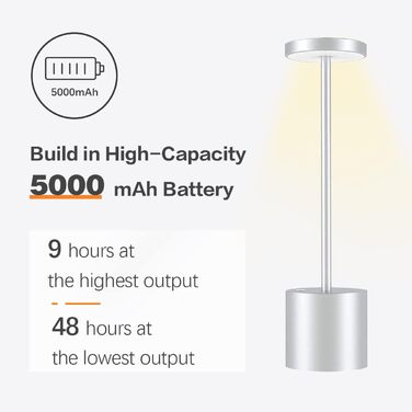 LED акумуляторна настільна лампа бездротова, 5000mAh, USB-зарядка, регулювання яскравості, 3 режими кольору, для дому та відпочинку на свіжому повітрі – срібна