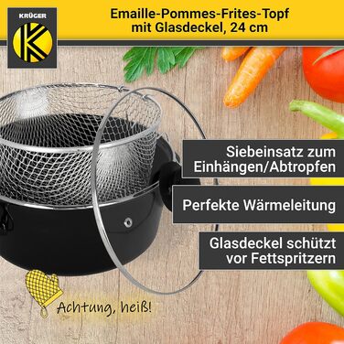 Каструля Krüger для фритюру, емальована, з хромованим обідком, ситом і скляною кришкою, 24 см — для смаження картоплі фрі, кальмарів, ідеальна теплопровідність