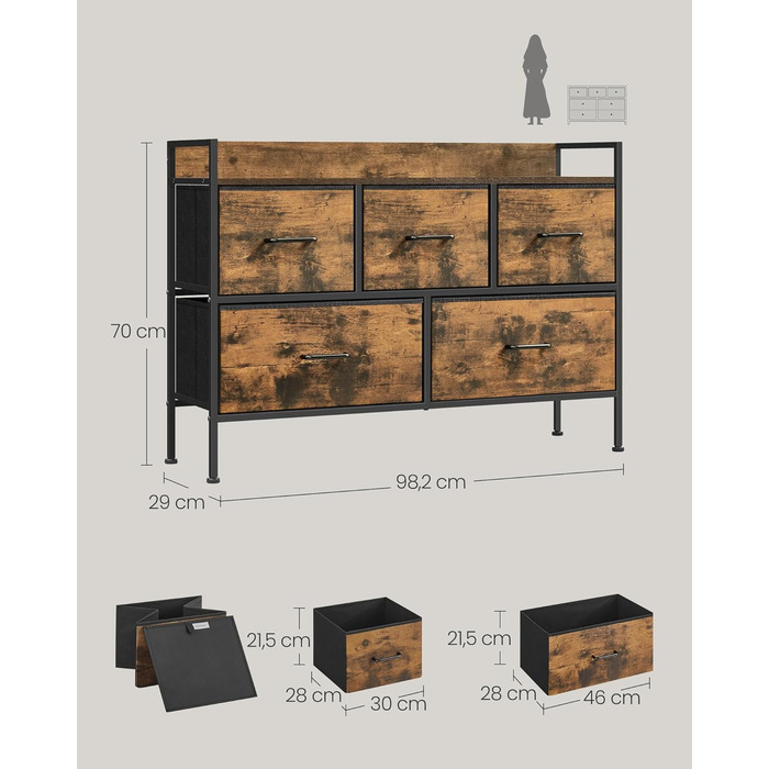 SONGMICS Chest of Drawers, Cabinet, 7 Fabric Drawers with Handles, Metal Frame, Industrial Design, Vintage Brown + Ink Black LTS137B01 (Vintage Brown + Ink Black, 29W x 98.2D x 70H cm)