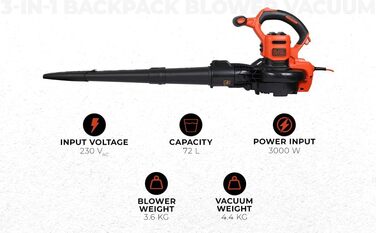 BLACK+DECKER 3-в-1 акумуляторний садовий пилосос-видувка 3000 Вт з подрібнювачем, рюкзаком-мішком 72 л, регульованою потужністю, для терас і доріжок (BEBLV300)