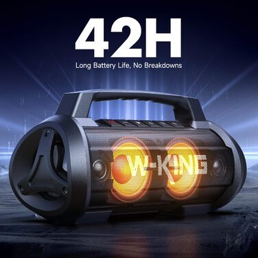W-KING Bluetooth Колонка 120W з підсиленням басів 70W, чорна. Портативна колонка для вечірок, кемпінгу, пляжу, саду. BT 5.4, IPX6, до 42 годин, RGB підсвітка, стерео-з'єднання, DSP/EQ.