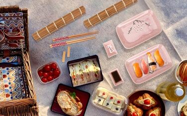 Набір для суші Exzact (10 предметів) – 2 тарілки, 2 миски для соусу, 2 підставки під столові прилади, 2 пари паличок для їжі – з високоякісного порцеляну, у подарунковій коробці (рожевий)