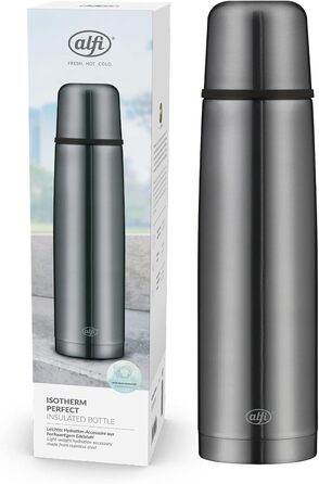 alfi ISOTHERM PERFECT AV 1.0L, cool grey matte, stainless steel insulated bottle with drinking cup, absolutely leak-proof with automatic closure, detachable, keeps drinks warm for 12 hours, fingerprint-resistant, BPA-free