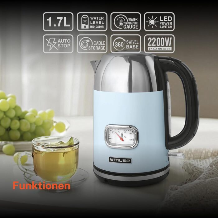 Електричний чайник зі нержавіючої сталі MUSE Retro з аналоговим термометром, фільтром, прозорою шкалою, об'ємом 1,7 л, автоматичним вимкненням, матовим золотим кольором (MS-030 BC), пастельно-блакитний колір