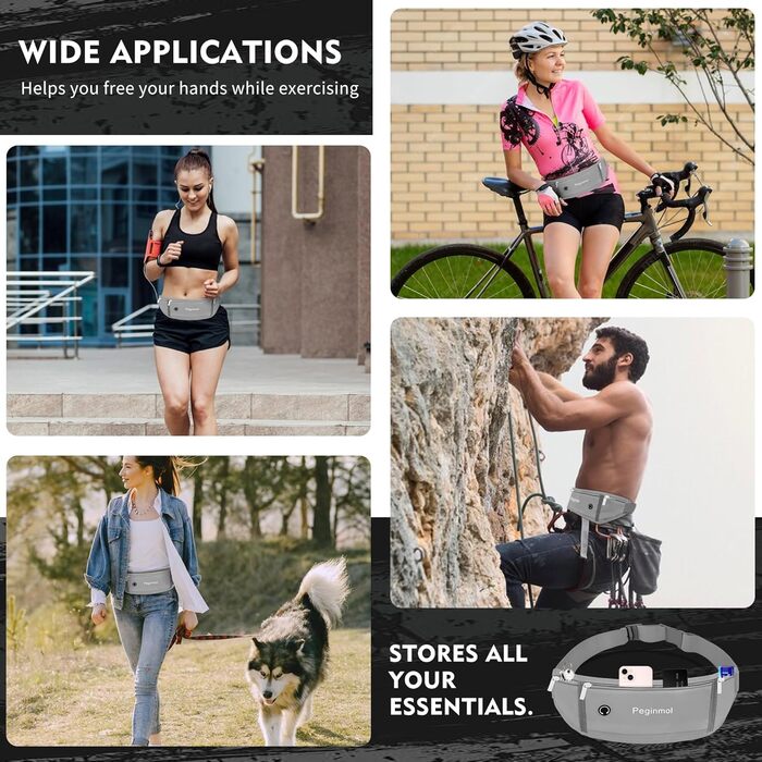 Пояс для телефону для бігу, спортивна сумка для джогінгу, водонепроникний пояс на пояс для чоловіків та жінок з 3 кишенями, велика місткість, регульований біговий пояс (Чорний + Зелений) (Сірий)