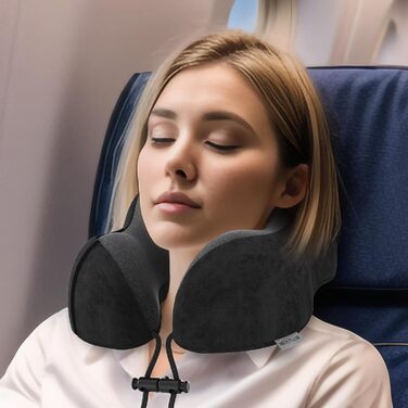 Подушка для шиї у подорожах: автомобільна, для літака, з memory foam та м'яким чохлом. Підходить для дорослих, офісу, дому та кемпінгу (Чорний)