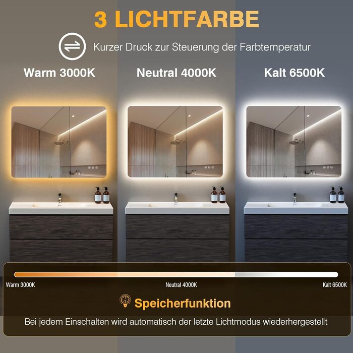 Дзеркало для ванної кімнати з підсвічуванням 50 x 70 см, LED дзеркало для ванної, антизапарник, 3 кольори світла, регулювання яскравості, прямокутна форма, сенсорна кнопка, функція пам'яті, горизонтальний/вертикальний монтаж