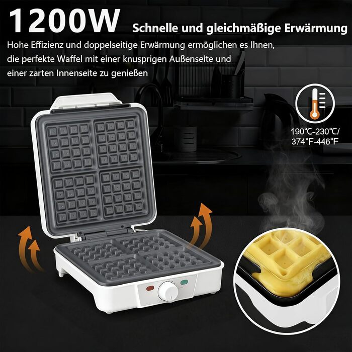 Вафельниця VINATO для приготування 4 бельгійських вафель, 1200W, антипригарне покриття, регулювання температури