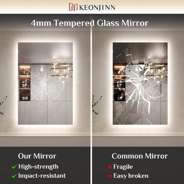 Дзеркало для ванної кімнати Keonjinn з підсвічуванням 60 см, антизапарюючий, з сенсорним вимикачем, пам'ять, 3 кольори світла, регульована яскравість, LED, без рами, прямокутне (90x90 см)