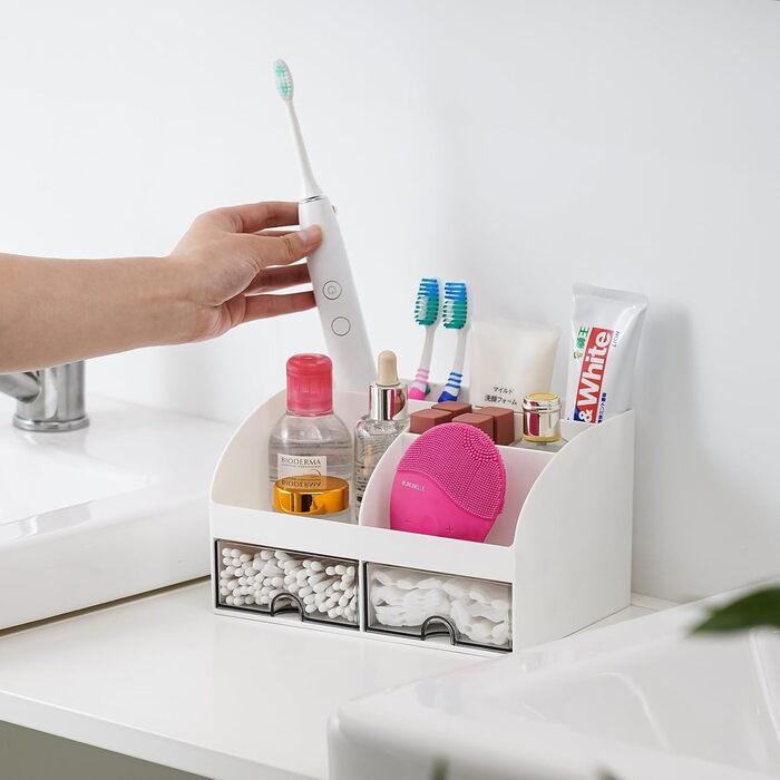 VITVITI Toothbrush Holder for Bathroom Electric Toothbrush Holder Bathroom Organizer with 2 Drawers Storage for Toothpaste Cosmetics Makeup Organizer Cosmetic Storage Box