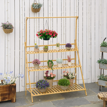 Outsunny Wooden Flower Ladder Shelf - Adjustable Height Plant Stand, Hanging Bamboo Natural Indoor/Outdoor Decor, 100 x 40 x 143 cm