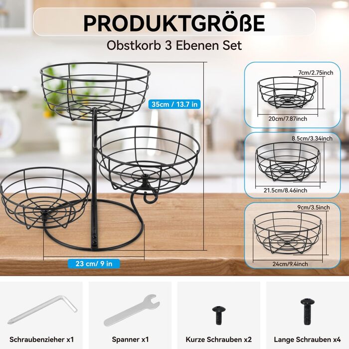 Багатоярусна підставка для фруктів Obst Etagere, чорна. 3 яруси, для кухні, вітальні, їдальні. Організація зберігання, економія місця.