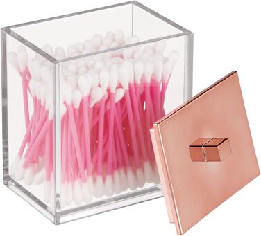 Набір ватних дисків та контейнер для ватних паличок mDesign - сучасне скло для зберігання з кришкою, аксесуар для ванної кімнати, пластик, для косметики та догляду, прозорий/рожеве золото