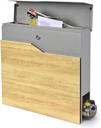 Поштова скринька Verda Anthracite з газетницею, порошкове покриття AkzoNobel, 2 ключі, табличка з іменем, персоналізована, дизайнерська настінна поштова скринька з нержавіючої сталі (срібло з виглядом дерева)