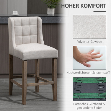 HOMCOM 2-Piece Bar Stool Set with Backrest, Upholstered Button-Tufted Bar Stools, Solid Wood, Includes Footrest, 47 cm x 50 cm x 101 cm, Grey + Natural