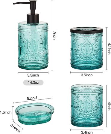 4-piece glass bathroom accessory set with decorative pressed pattern, including soap dispenser, tumbler, soap dish, and toothbrush holder, blue-green