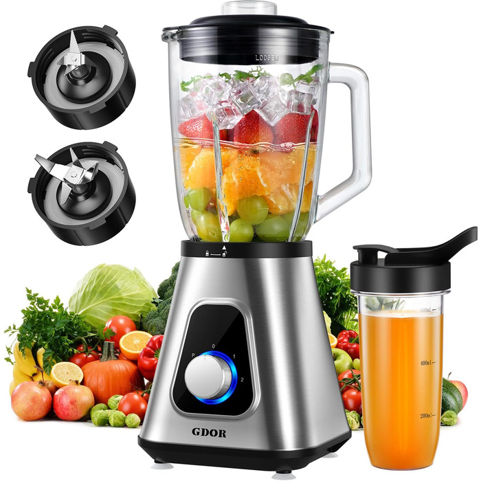 GDOR Standміксер 1200W з 1,5л скляною колбою та 650мл стаканчиком для напоїв. 3 швидкості, для смузі, шейків, соусів. Професійний міксер GDOR