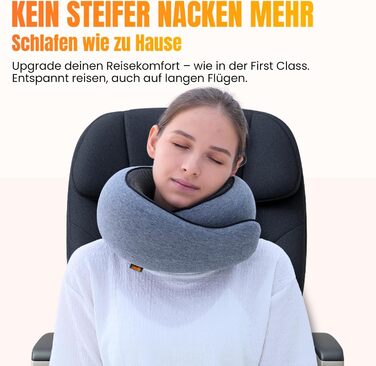 Подушка для шиї у літак, автомобіль: 100% бавовна та Memory Foam, легка та зручна, повний дорожній набір (маска для сну, беруші) - світло-сірий, класична модель
