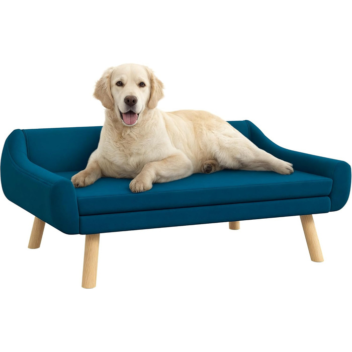 PawHut лежанка для собак з м'яким подушкою, лежанка для тварин з дерев'яним каркасом, знімний та пральний чохол, для середніх та великих собак, блакитна