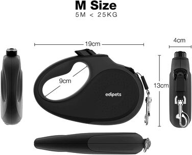 Hundeleine Edipets висувна, 5 м, нейлон, 360°, для собак малого, середнього та великого розміру (Чорний, M)