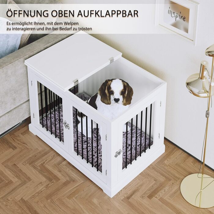 Клітка для собак у дім, Будка для собак з подушкою, Внутрішня клітка для собак, Будка для собак, Клітки для собак великих порід, Клітка для собак у стилі меблів з відкидним верхом, Білий (L)