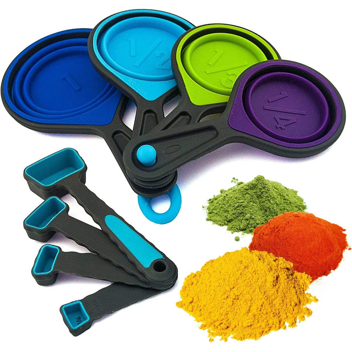 Collapsible measuring cups and spoons, portable measuring cup set made of food-grade silicone for liquid and dry ingredients, dog food, camping, and children's measuring cups