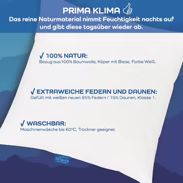 Подушка LINEA by böhmerwald, 40x80 см, 85% пухові пера, 15% новий пух, гіпоалергенна, для алергіків, вироблено в Німеччині, преміум якість, придатна для прання до 60°C