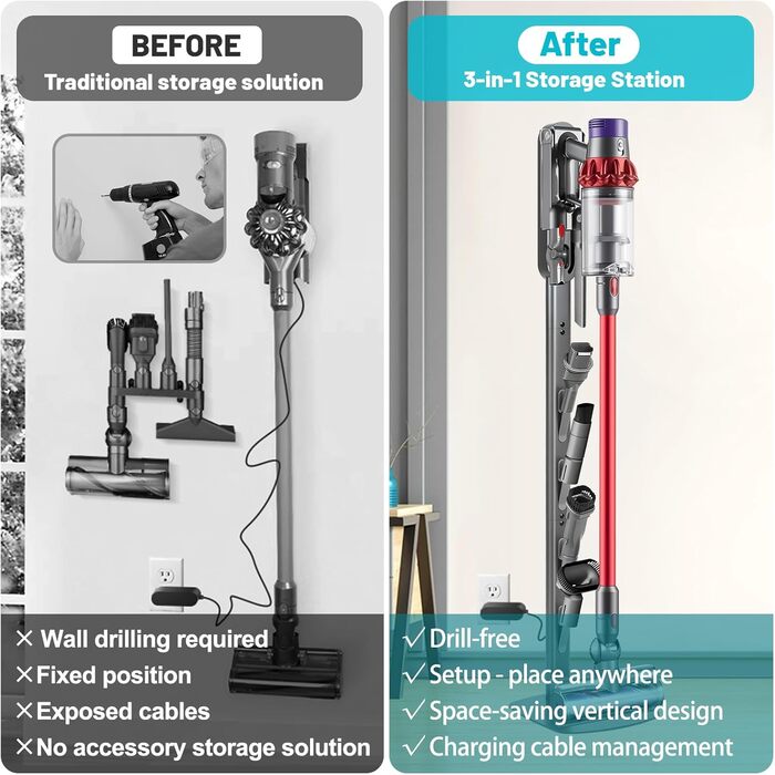 Підставка для пилососів Dyson Gen5 V15 V12 V11 V10 V8 V7 V6, без свердління, з прихованим шнуром, металевий органайзер для бездротових пилососів та насадок, сірий титан