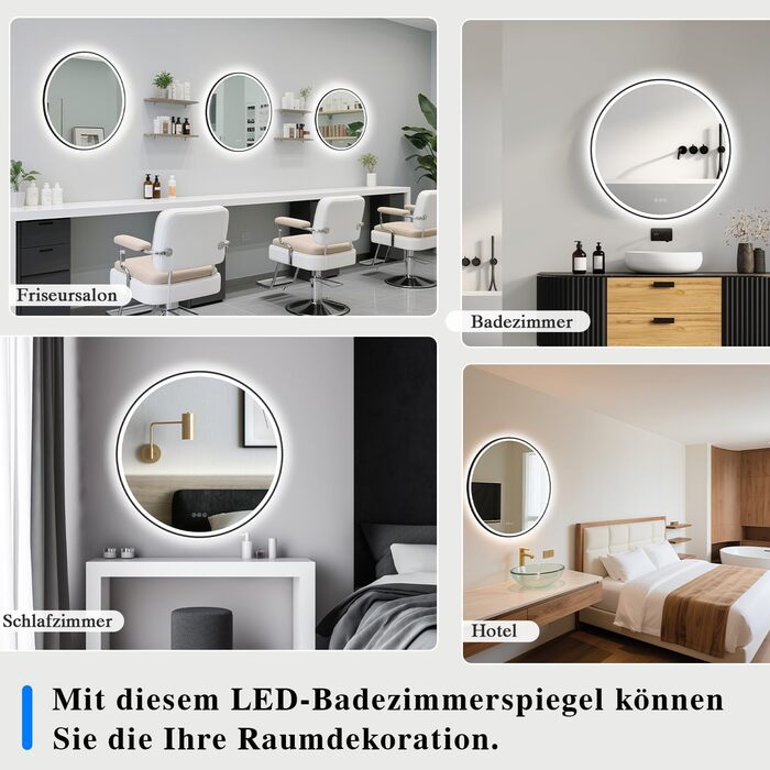 Дзеркало для ванної кімнати з підсвічуванням LED, антизапар, сенсорне керування, регулювання яскравості, 3 кольори світла, функція пам'яті, захист від вибуху, кругле дзеркало 50см (металевий каркас+bluetooth)