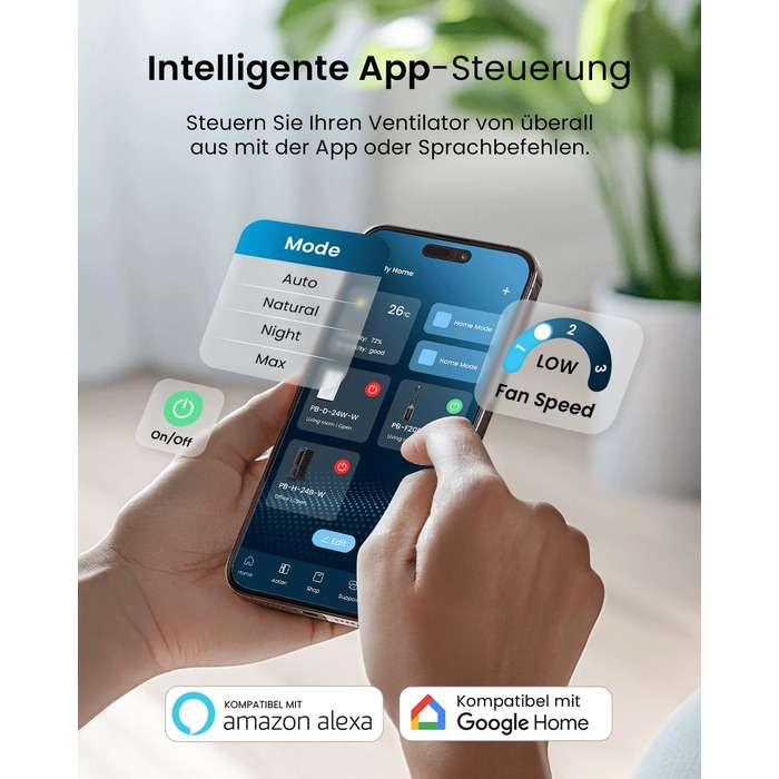 Вентилятор Pro Breeze 101см з ротором, Smart Home, Wi-Fi, LED дисплей, 6 швидкостей, тихий, 5 режимів, осциляція 60°, таймер 7год, чорний