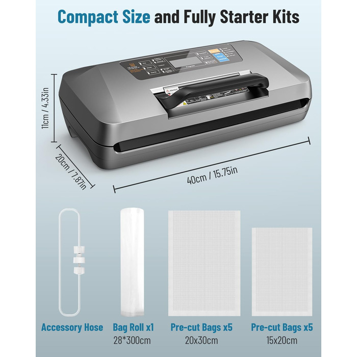 Професійний вакуумний пакувальник DXstring Vakuumiergerät Profi: 12 функцій, 95kPa, подвійний шов, для продуктів харчування