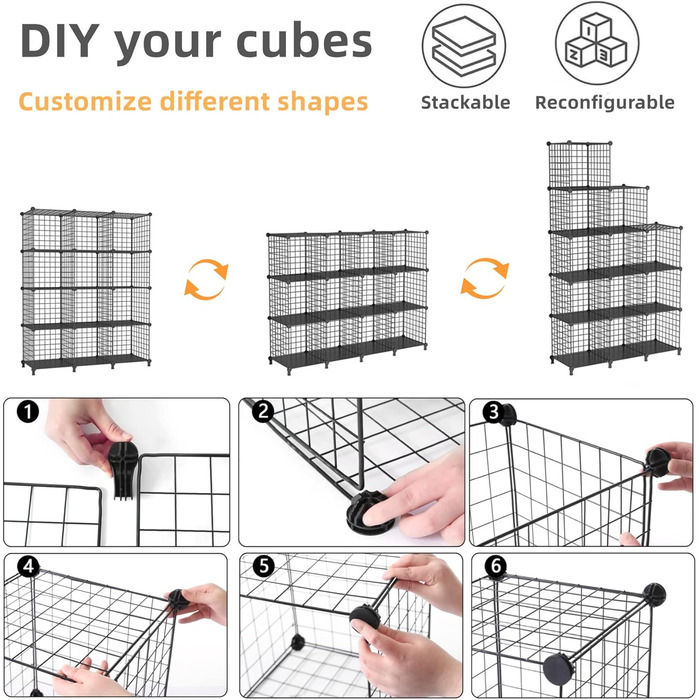 AWTATOS Regal 12 Regal Wire Cube Stackable Shelf Cube DIY Metal Grid Shelf Cube Bookshelf Cube Shelf With Doors For Living Room, Bedroom, Bathroom Black USCIH12BE