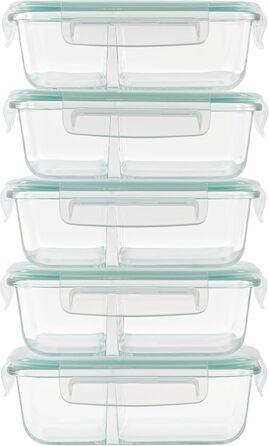 Контейнери для харчування Winter Shore скляні з 2 відділеннями (5 шт) - BPA-free, герметичні, для мікрохвильовки, морозилки та посудомийки (бірюзові)