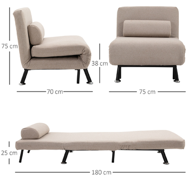 HOMCOM Sleeper Chair, Folding Chair with Bed Function, Back Cushion, Folding Recliner Chair with Linen Look, Adjustable Backrest, Holds up to 150 kg, for Living Room, Beige | Aosom