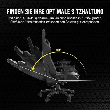 Ігрове крісло Corsair TC100 Relaxed з екошкіри, чорне, ергономічне, регульовані підлокітники, подушка для попереку та знімна подушка з піни пам’яті, стиль автоспорту