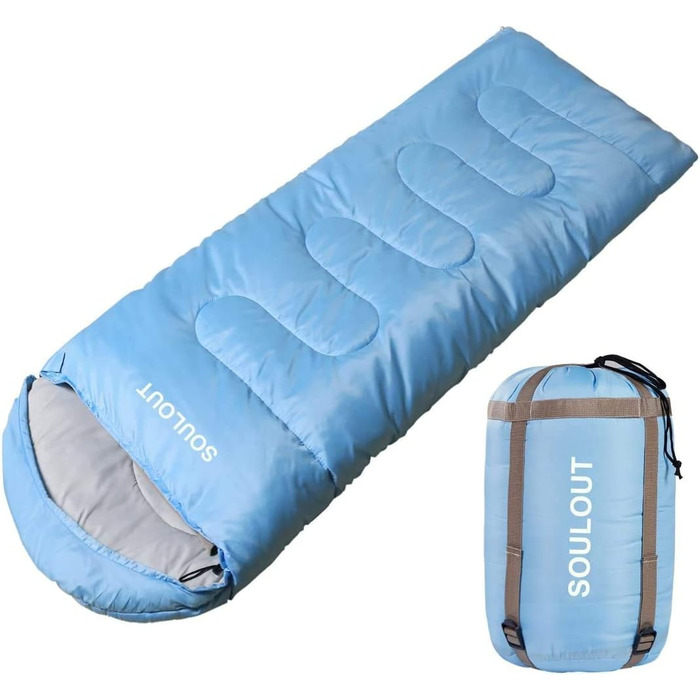 SOULOUT 3-4 Season Sleeping Bag - Waterproof Lightweight Sleeping Bag for Camping, Travel & Outdoor Activities - Ideal for Adults & Kids - 220 x 83 cm (Sky Blue / Left Zip)
