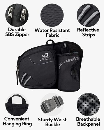 Спортивна поясна сумка Waterfly з тримачем для пляшки, чорна. Для бігу, велоспорту, кемпінгу, подорожей та інших активностей.