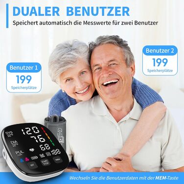 Тонометр на плече з великим LED-дисплеєм, визначення аритмії, вимірювання пульсу та індикатор ризику, 2×199 місця пам'яті, USB-порт, манжета 22-42 см