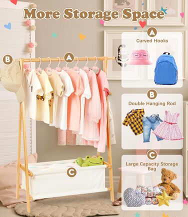 Relquorax Bamboo Children's Clothes Rack with Storage Bag and Clothes Rail, Dress-Up Stand, Small Wardrobe Rack, for Costumes in Children's Rooms (Natural Color)