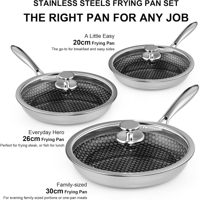 Набір сковорідок RIOVARM з нержавіючої сталі для індукційних плит, антипригарне покриття, 20/26/30 см + кришки, вок, сковорода для смаження та універсальна сковорода, підходить для всіх типів плит, безпечно миється в посудомийній машині, можна використову