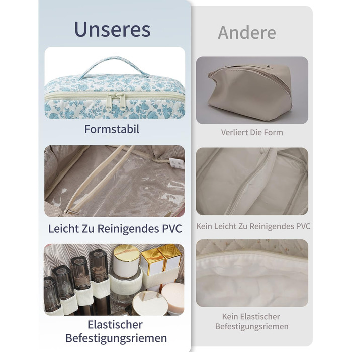 Косметичка для подорожей Wandering Nature для жінок з відділенням для пензликів, водонепроникна, велика, з перегородкою та ручкою (блакитна квітка)