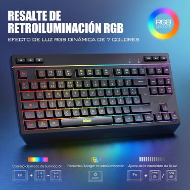 RedThunder K20 TKL Бездротова ігрова клавіатура, RGB-підсвічування, акумулятор, QWERTY ES-клавіатура, 6 мультимедійних клавіш, USB для PC/Mac