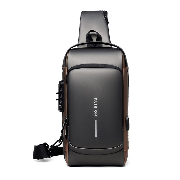 Сумка-слінг FANDARE 2026 з USB-зарядкою, захистом паролем та водонепроникним матеріалом. Ідеальна для подорожей, прогулянок та міста. Кілька відділень, сіра/коричнева.