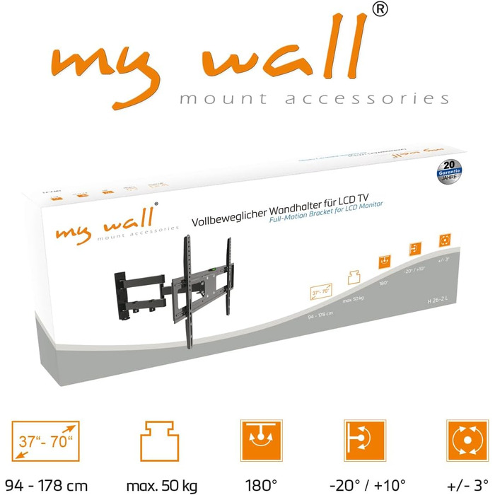 Кронштейн для телевізора та монітора my wall H26-1L, поворотний та нахильний, для діагоналей 37-70 дюймів, до 50 кг, VESA 400x400, з кабелеменеджментом