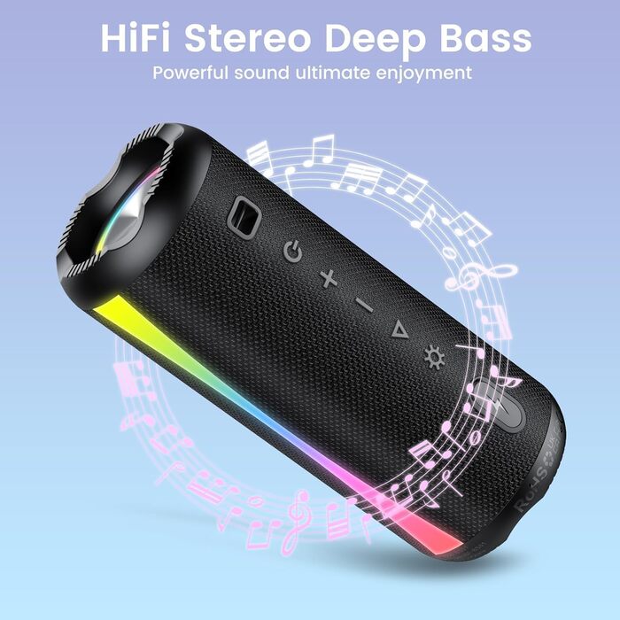 Bluetooth колонка з RGB підсвіткою, IP7 водонепроникна, 20 год автономії, потужний бас - Black