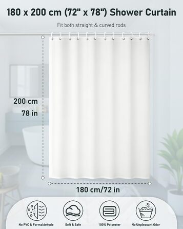 Шторка для душу Uniclife, біла, 180x180 см, тканинна, водонепроникна, з 12 міцними люверсами та обтяженим низом для ванни
