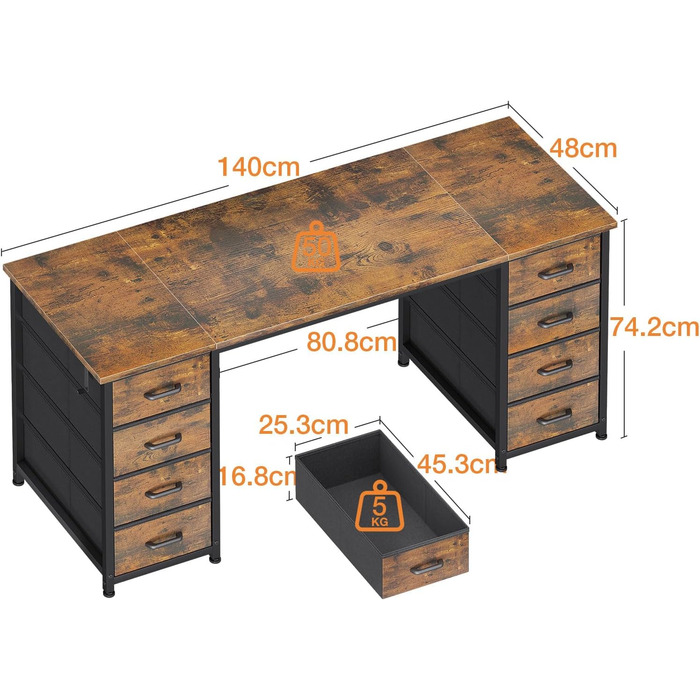 Комп'ютерний стіл Coleshome з 8 тканинними ящиками, 140x48 см, коричневий | Стіл для дому, офісу, навчання