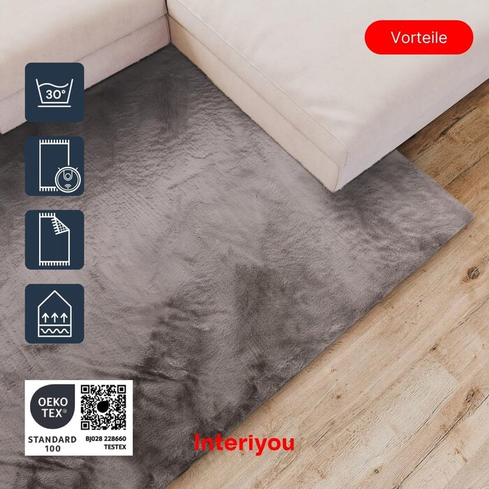 Тепличний килим Interiyou Fargo для вітальні 80x150 см - короткий ворс, миється, не ковзає, пухнастий штучний килим з довгого ворсу (160 x 230 см, сірий)