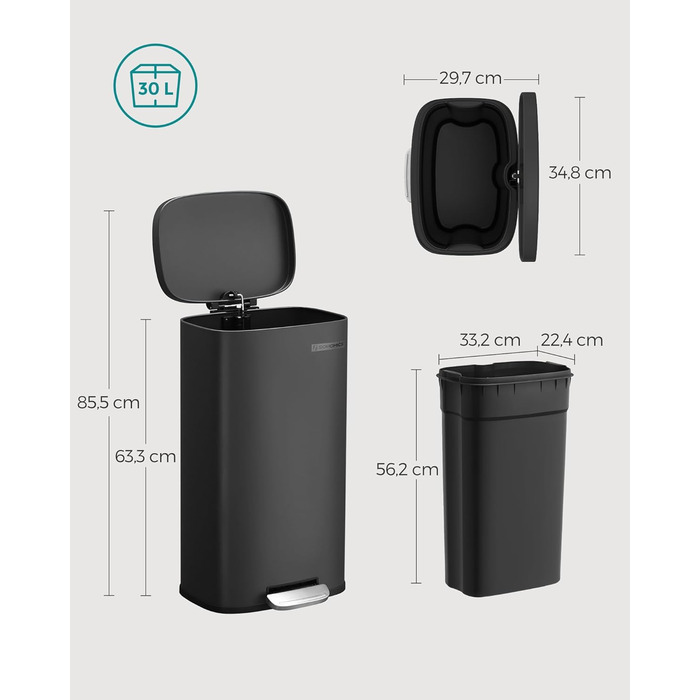 Відро для сміття SONGMICS 30 л, сталеве, з м'яким закриттям, з внутрішнім відром, чорне